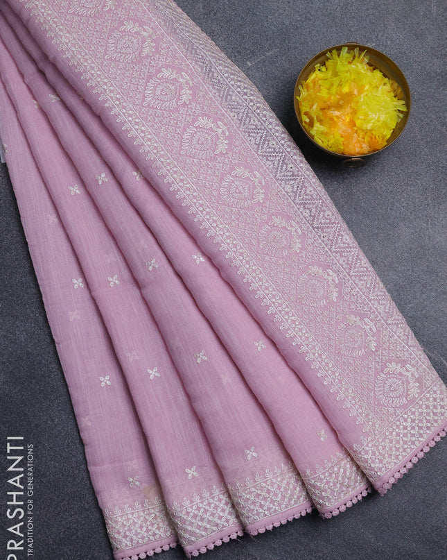 Linen cotton saree lavender with embroidery buttas and embroidered border