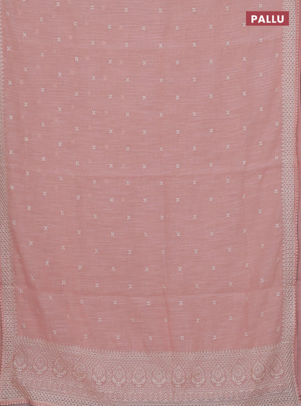 Linen cotton saree peach pink with embroidery buttas and embroidered border
