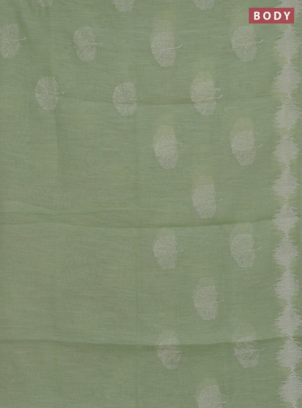 Linen cotton saree pista green with embroidery buttas and embroidered border