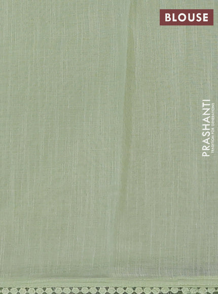 Linen cotton saree pista green with embroidery buttas and embroidered border