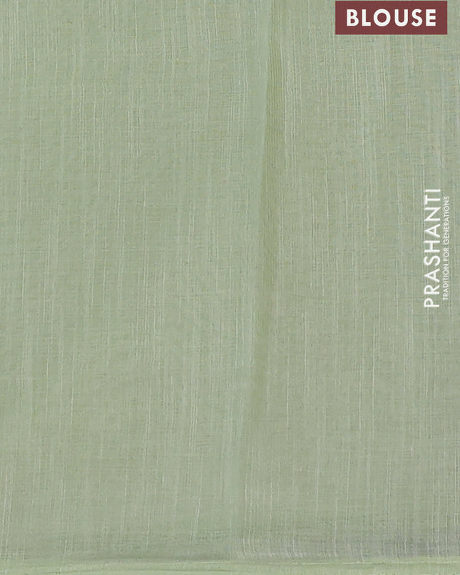 Linen cotton saree pista green with embroidery buttas and embroidered border