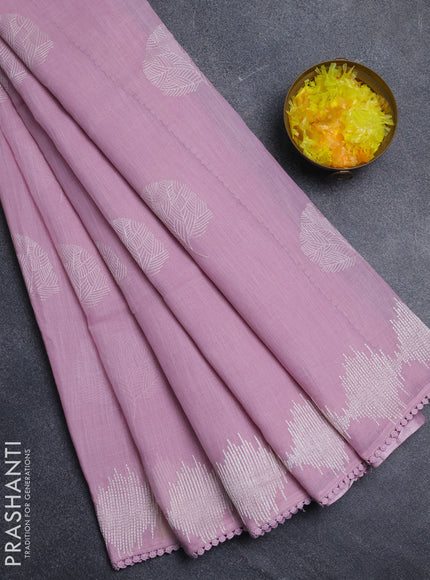 Linen cotton saree light pink with embroidery buttas and embroidered border