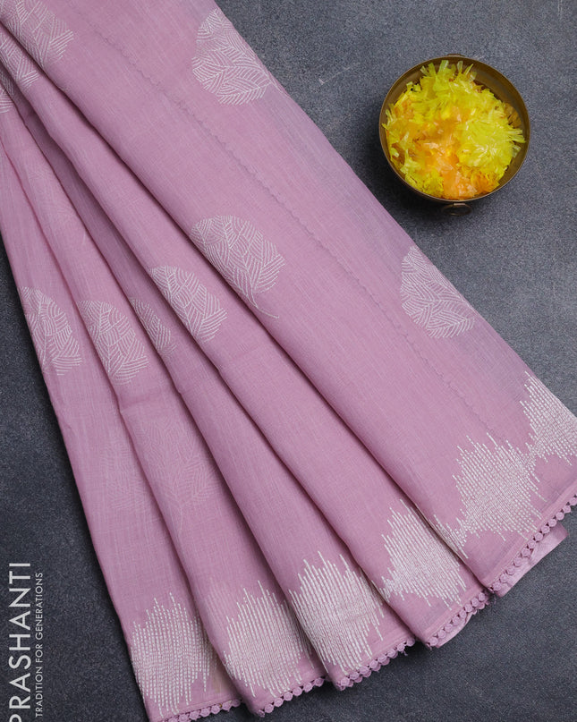 Linen cotton saree light pink with embroidery buttas and embroidered border