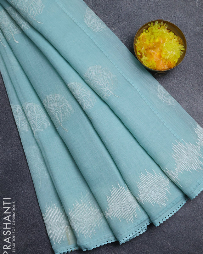 Linen cotton saree pastel blue with embroidery buttas and embroidered border
