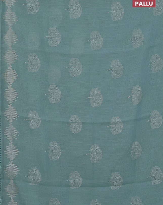Linen cotton saree pastel blue with embroidery buttas and embroidered border