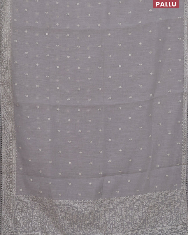 Linen cotton saree pastel grey with embroidery buttas and embroidered border