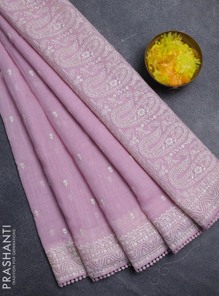 Linen cotton saree light pink with embroidery buttas and embroidered border