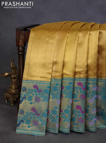 Pure kanchipuram tissue silk saree gold and teal blue with allover zari woven brocade weaves and rich paithani style border