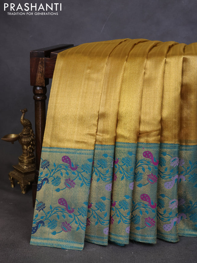 Pure kanchipuram tissue silk saree gold and teal blue with allover zari woven brocade weaves and rich paithani style border