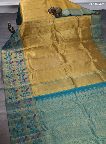 Pure kanchipuram tissue silk saree gold and teal blue with allover zari woven brocade weaves and rich paithani style border
