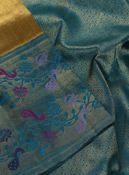 Pure kanchipuram tissue silk saree gold and teal blue with allover zari woven brocade weaves and rich paithani style border