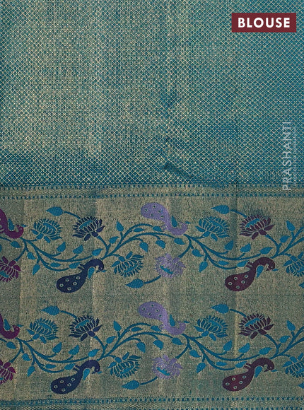 Pure kanchipuram tissue silk saree gold and teal blue with allover zari woven brocade weaves and rich paithani style border