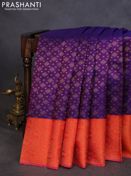 Pure kanchipuram silk saree violet and orange with allover zari woven brocade weaves and rich zari woven border