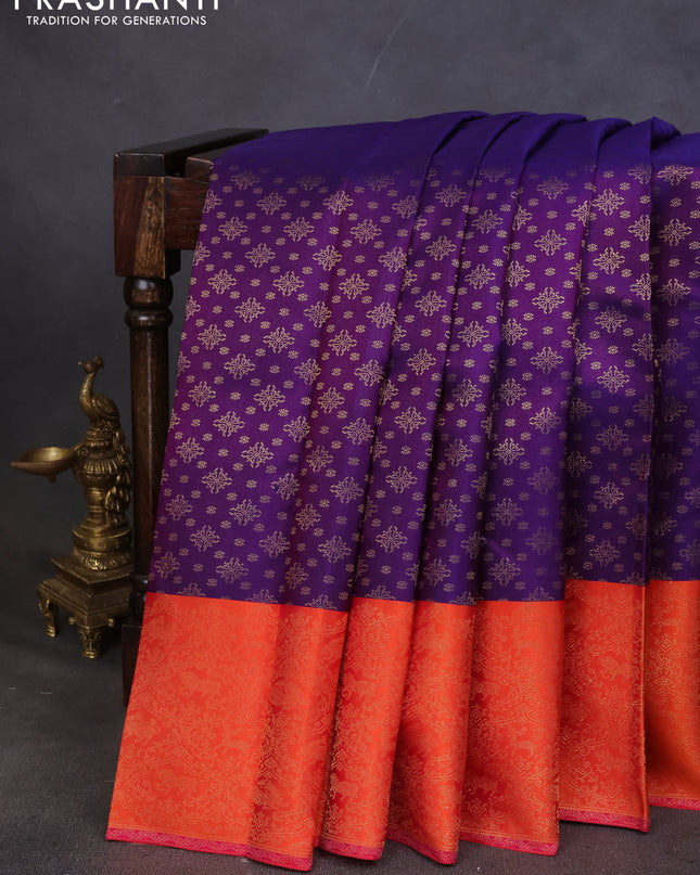 Pure kanchipuram silk saree violet and orange with allover zari woven brocade weaves and rich zari woven border