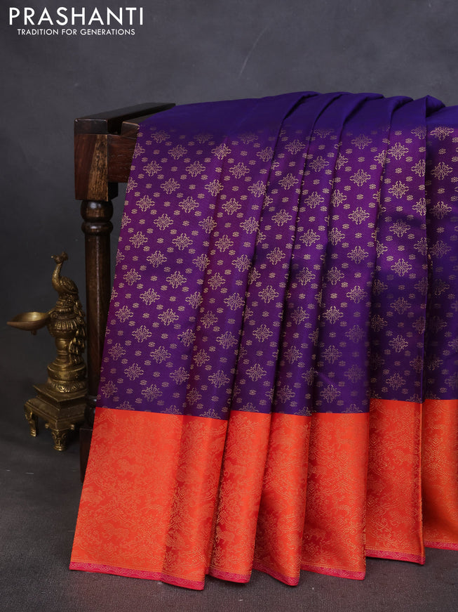 Pure kanchipuram silk saree violet and orange with allover zari woven brocade weaves and rich zari woven border