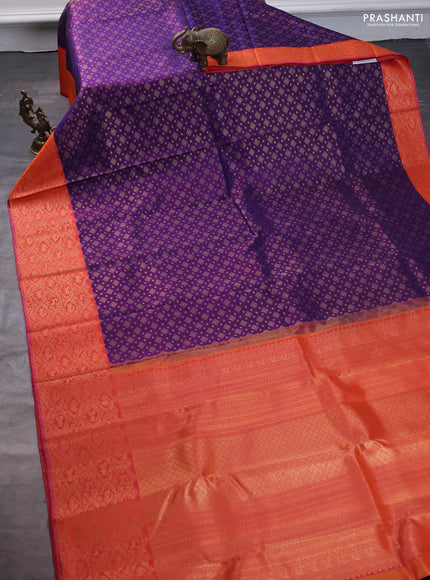 Pure kanchipuram silk saree violet and orange with allover zari woven brocade weaves and rich zari woven border