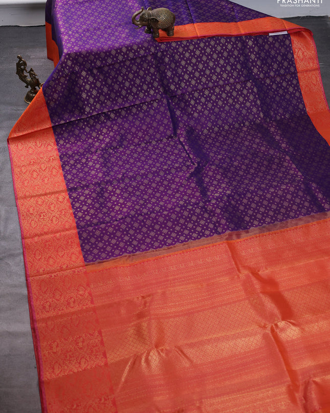 Pure kanchipuram silk saree violet and orange with allover zari woven brocade weaves and rich zari woven border