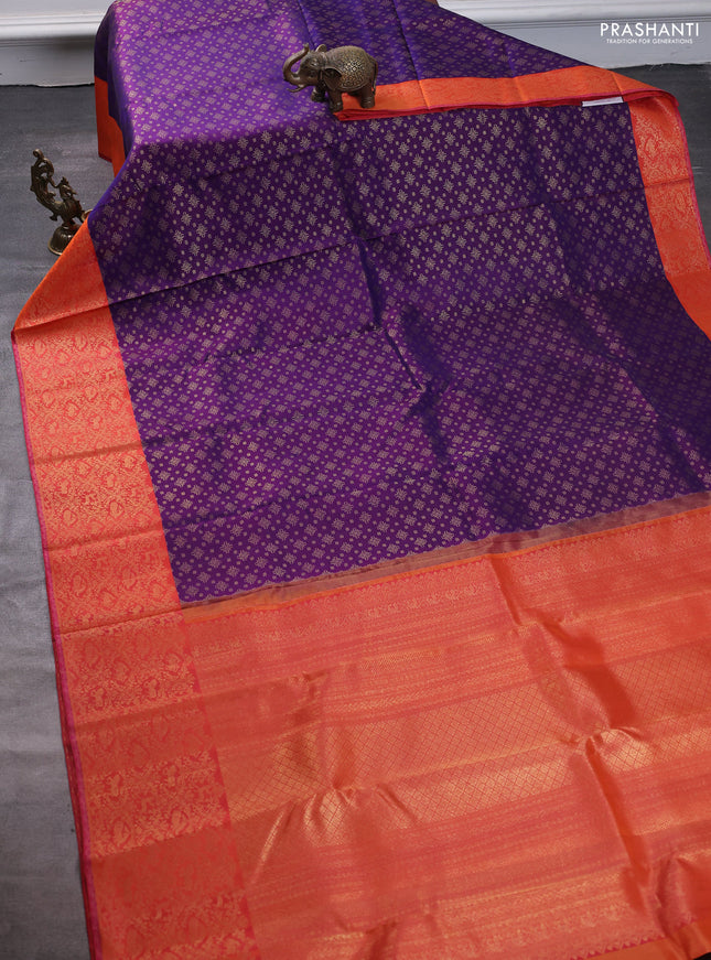 Pure kanchipuram silk saree violet and orange with allover zari woven brocade weaves and rich zari woven border