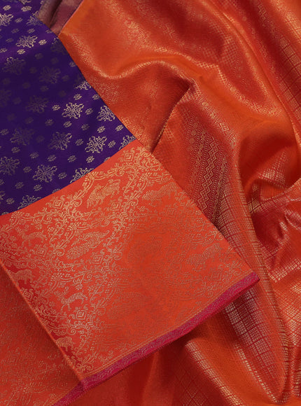 Pure kanchipuram silk saree violet and orange with allover zari woven brocade weaves and rich zari woven border