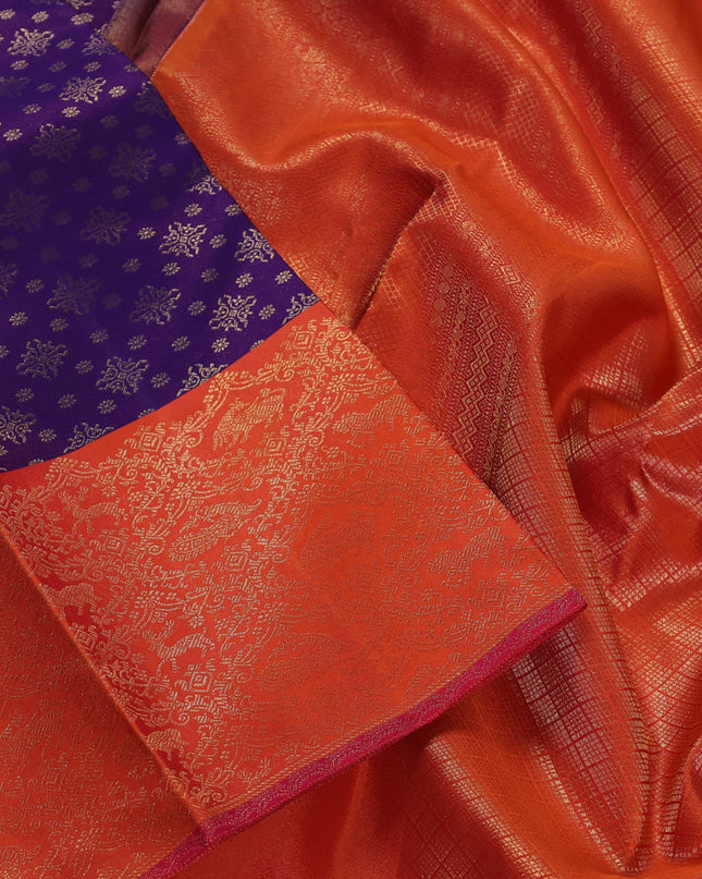 Pure kanchipuram silk saree violet and orange with allover zari woven brocade weaves and rich zari woven border