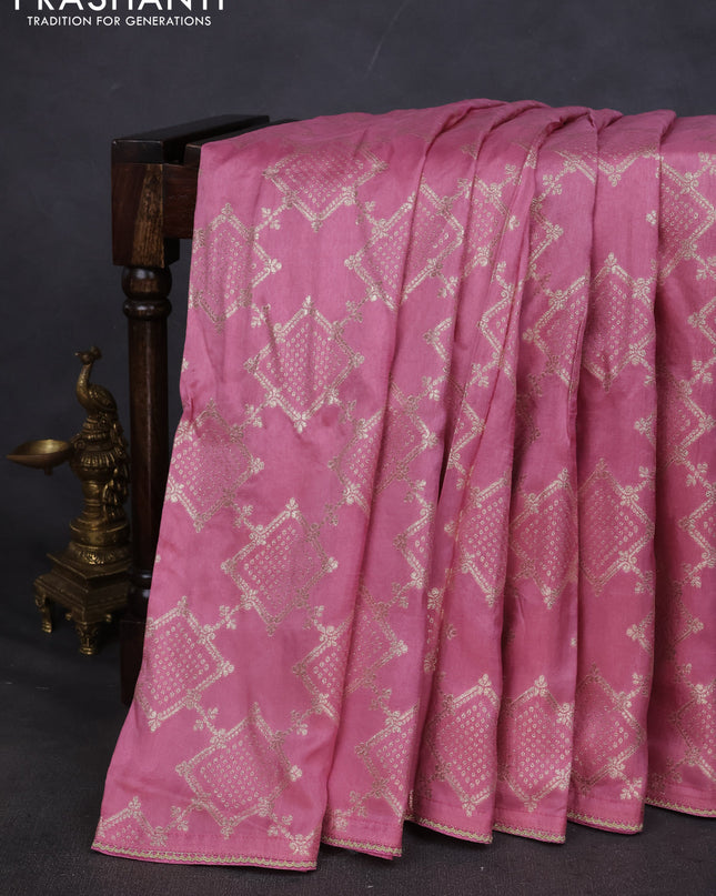 Munga tussar silk saree light pink with allover zari woven brocade weaves and gottapatti work readymade blouse