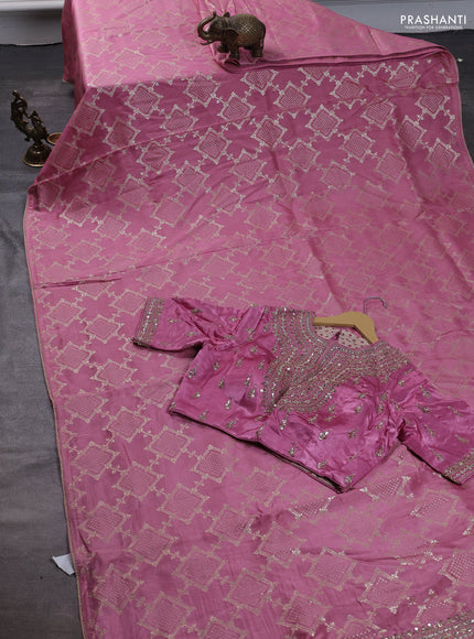 Munga tussar silk saree light pink with allover zari woven brocade weaves and gottapatti work readymade blouse