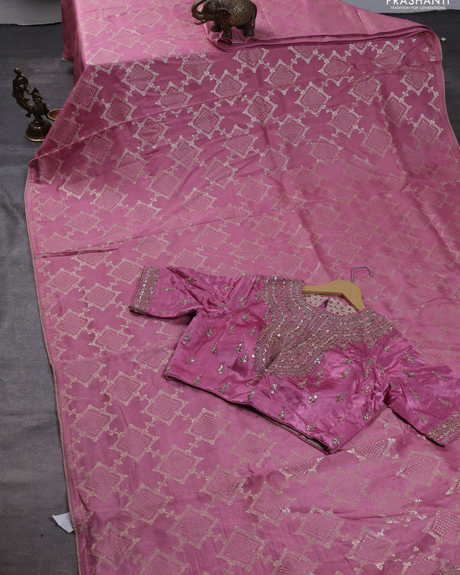 Munga tussar silk saree light pink with allover zari woven brocade weaves and gottapatti work readymade blouse
