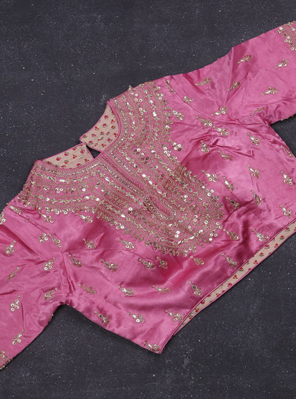 Munga tussar silk saree light pink with allover zari woven brocade weaves and gottapatti work readymade blouse