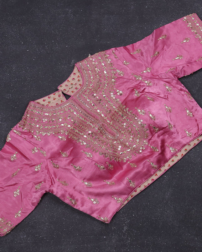 Munga tussar silk saree light pink with allover zari woven brocade weaves and gottapatti work readymade blouse
