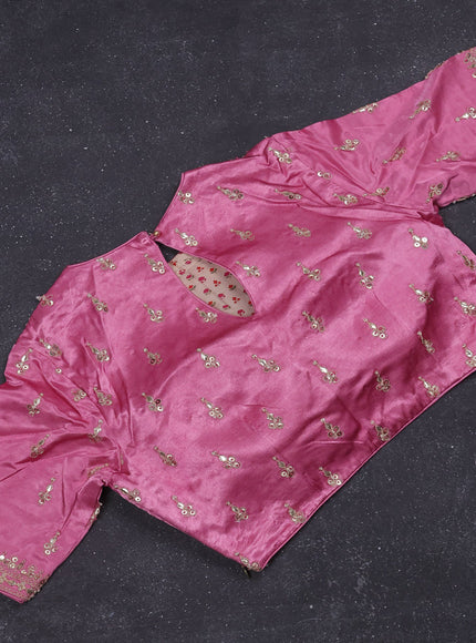 Munga tussar silk saree light pink with allover zari woven brocade weaves and gottapatti work readymade blouse