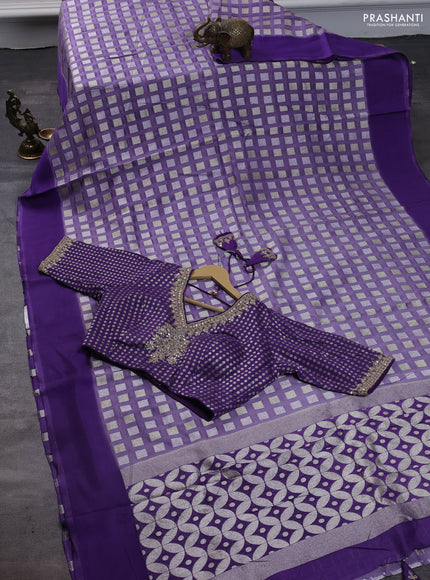 Banarasi silk saree lavender with allover geometric weaves and brocade readymade blouse