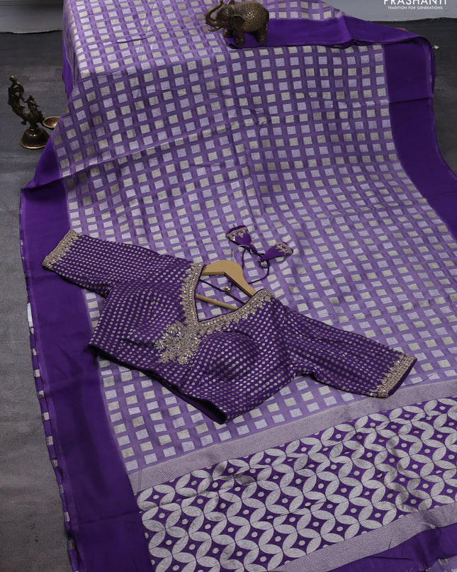 Banarasi silk saree lavender with allover geometric weaves and brocade readymade blouse