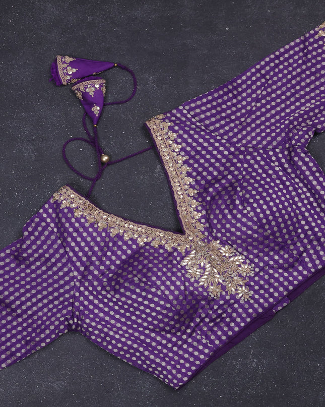 Banarasi silk saree lavender with allover geometric weaves and brocade readymade blouse