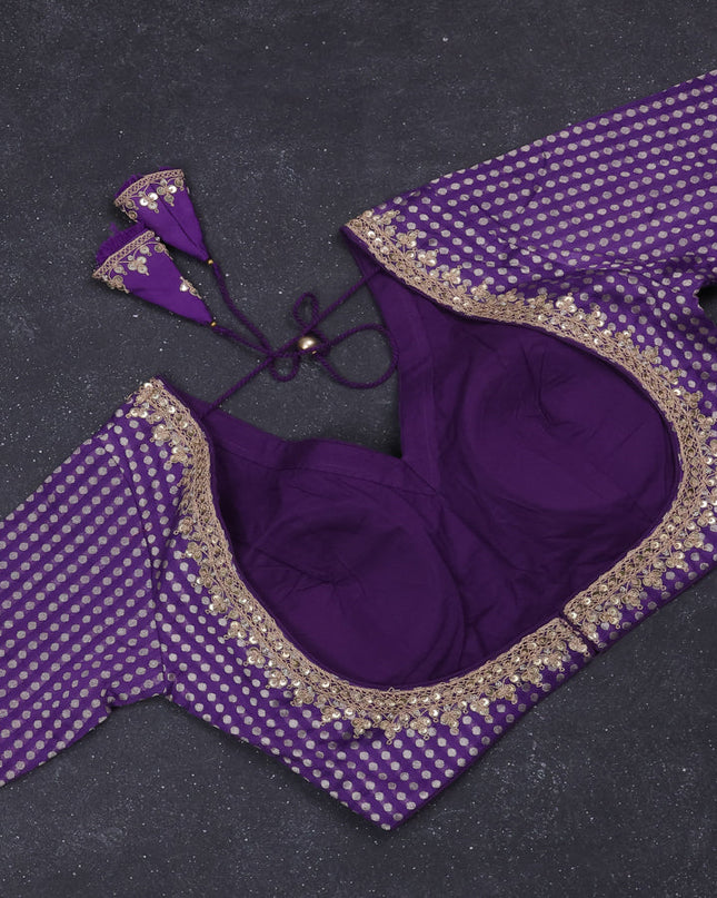 Banarasi silk saree lavender with allover geometric weaves and brocade readymade blouse