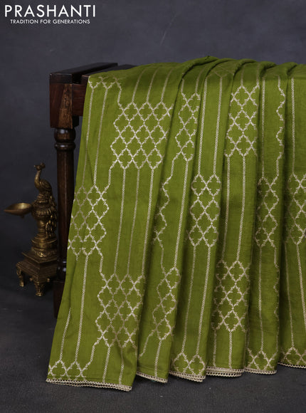 Munga tussar silk saree mehendi green with allover zari woven brocade weaves and gottapatti work readymade blouse