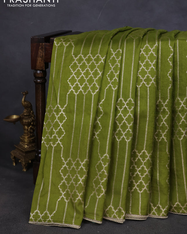 Munga tussar silk saree mehendi green with allover zari woven brocade weaves and gottapatti work readymade blouse