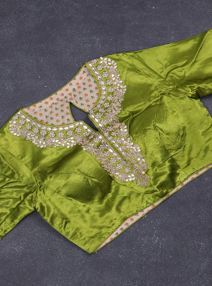 Munga tussar silk saree mehendi green with allover zari woven brocade weaves and gottapatti work readymade blouse
