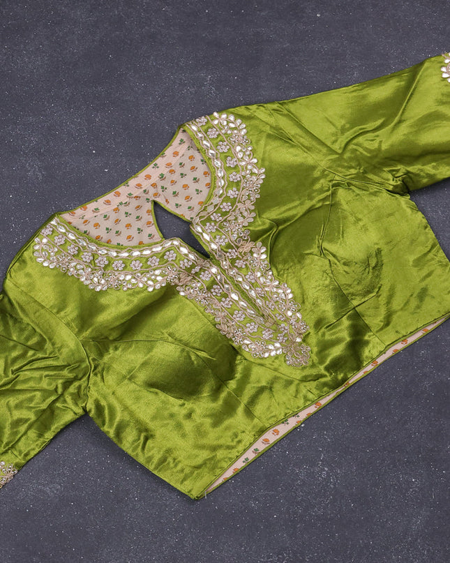 Munga tussar silk saree mehendi green with allover zari woven brocade weaves and gottapatti work readymade blouse