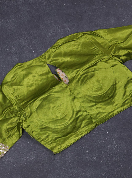 Munga tussar silk saree mehendi green with allover zari woven brocade weaves and gottapatti work readymade blouse