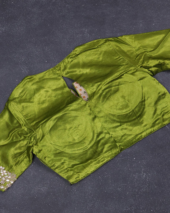 Munga tussar silk saree mehendi green with allover zari woven brocade weaves and gottapatti work readymade blouse