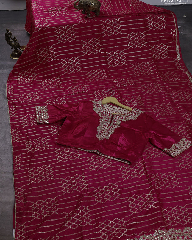 Munga tussar silk saree pink with allover zari woven brocade weaves and gottapatti work readymade blouse