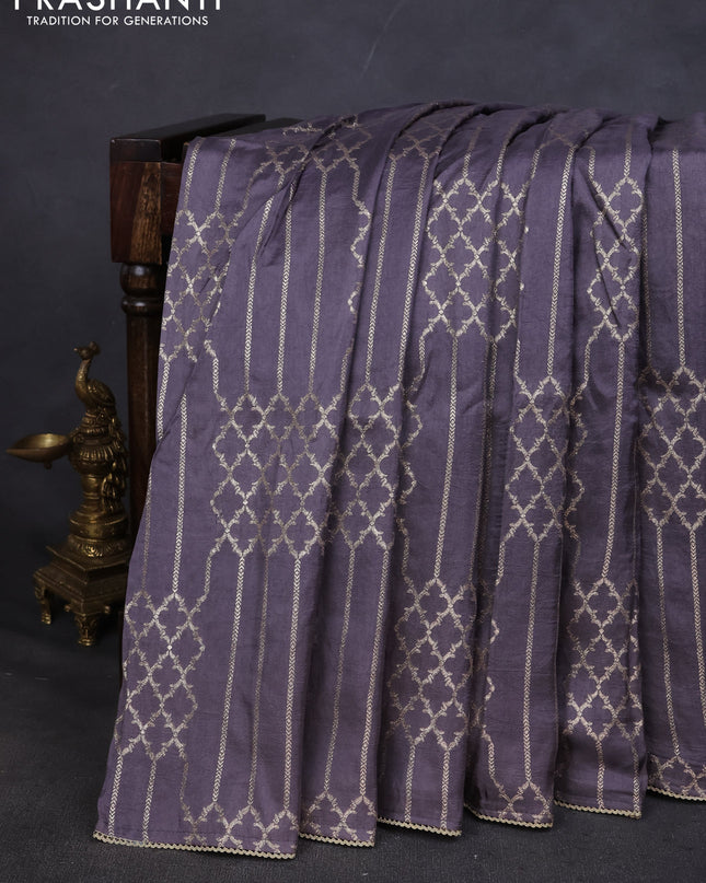 Munga tussar silk saree grey with allover zari woven brocade weaves and gottapatti work readymade blouse