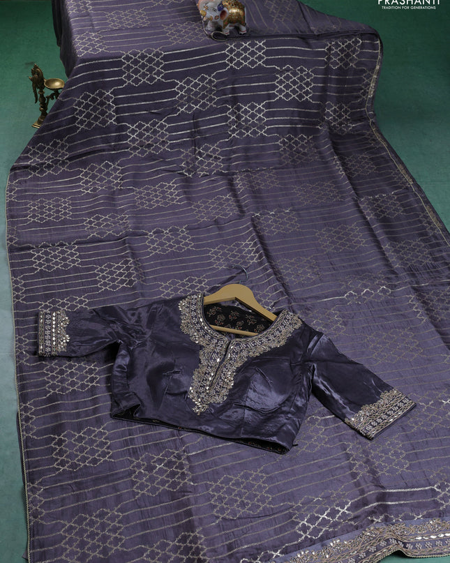 Munga tussar silk saree grey with allover zari woven brocade weaves and gottapatti work readymade blouse