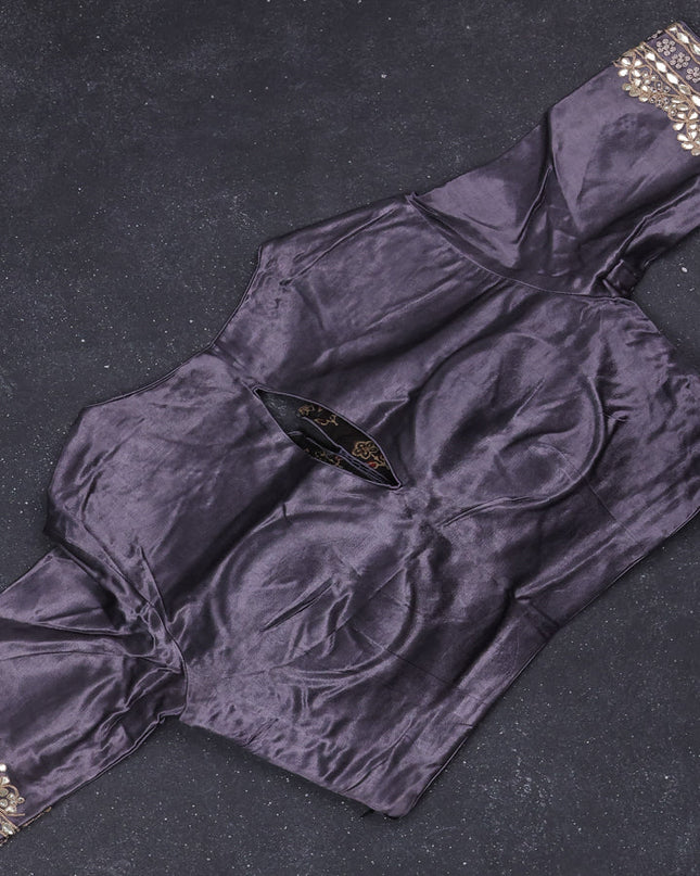 Munga tussar silk saree grey with allover zari woven brocade weaves and gottapatti work readymade blouse