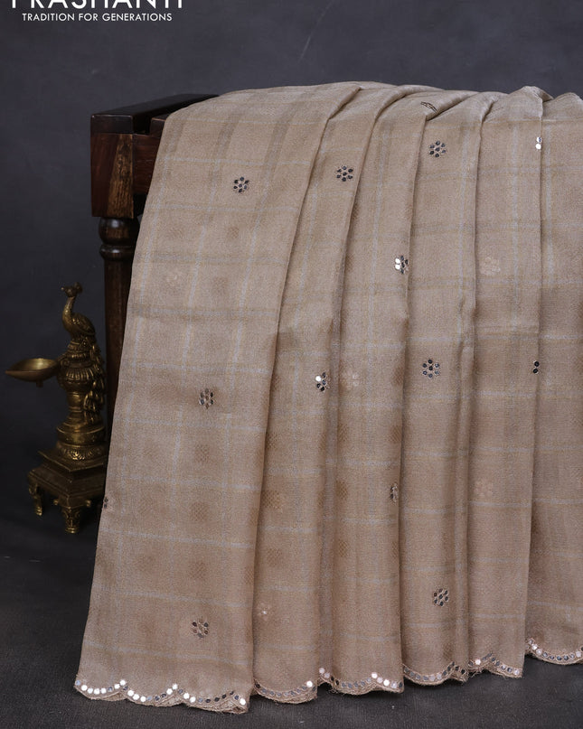 Tissue saree beige with gottapatti work and ajrakh printed readymade blouse