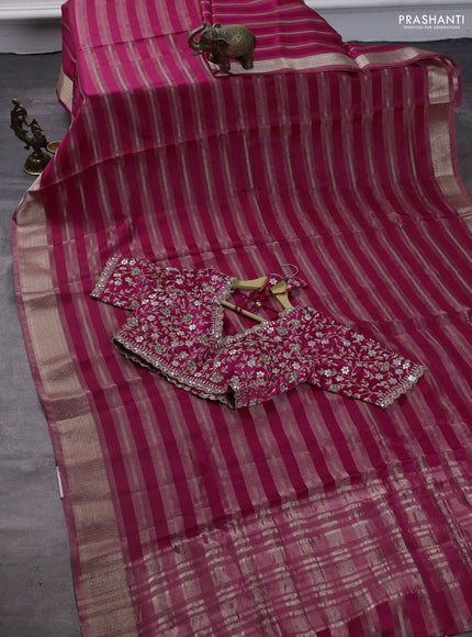 Organza saree pink with zari stripes pattern and gottapatti work readymade blouse