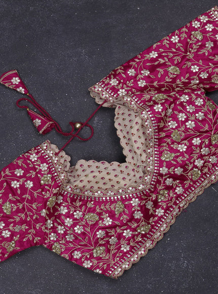 Organza saree pink with zari stripes pattern and gottapatti work readymade blouse