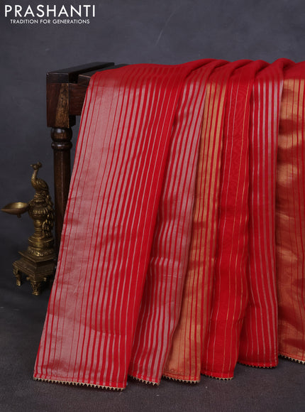 Organza saree red with stripes pattern & Gottapatti work zari pallu and readymade blouse
