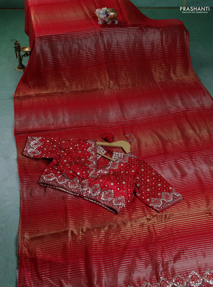 Organza saree red with stripes pattern & Gottapatti work zari pallu and readymade blouse