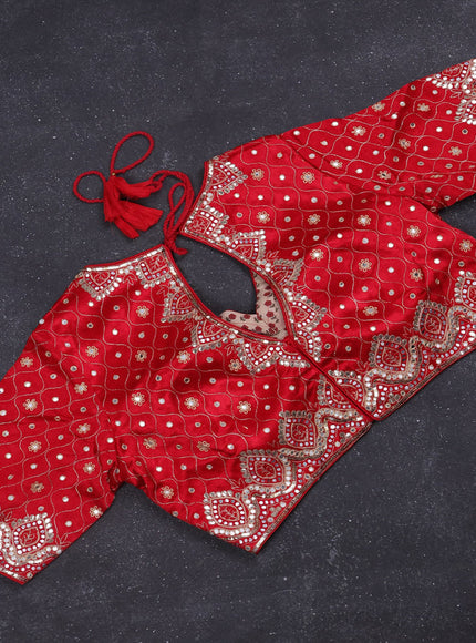 Organza saree red with stripes pattern & Gottapatti work zari pallu and readymade blouse